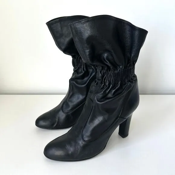 Jill Stuart Black Leather Mid-Calf Slouchy Heel Boots Elasticized Ankle IT 40