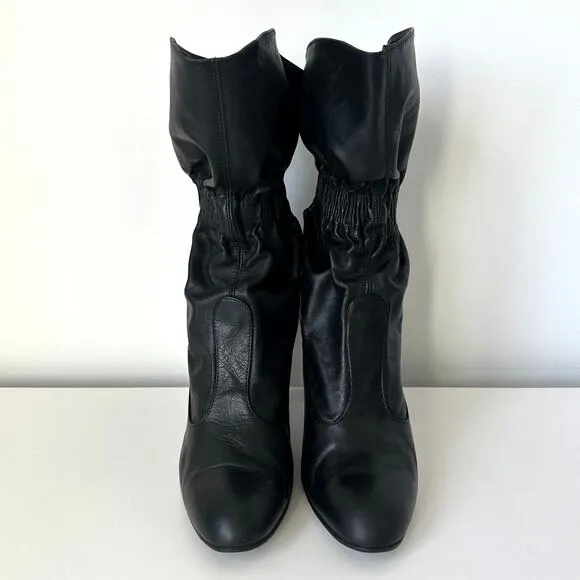 Jill Stuart Black Leather Mid-Calf Slouchy Heel Boots Elasticized Ankle IT 40