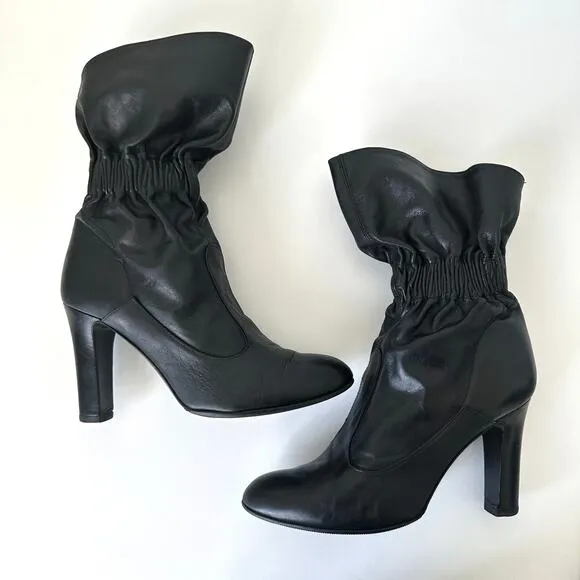 Jill Stuart Black Leather Mid-Calf Slouchy Heel Boots Elasticized Ankle IT 40