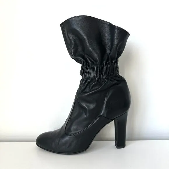 Jill Stuart Black Leather Mid-Calf Slouchy Heel Boots Elasticized Ankle IT 40