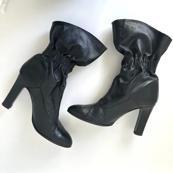 Jill Stuart Black Leather Mid-Calf Slouchy Heel Boots Elasticized Ankle IT 40