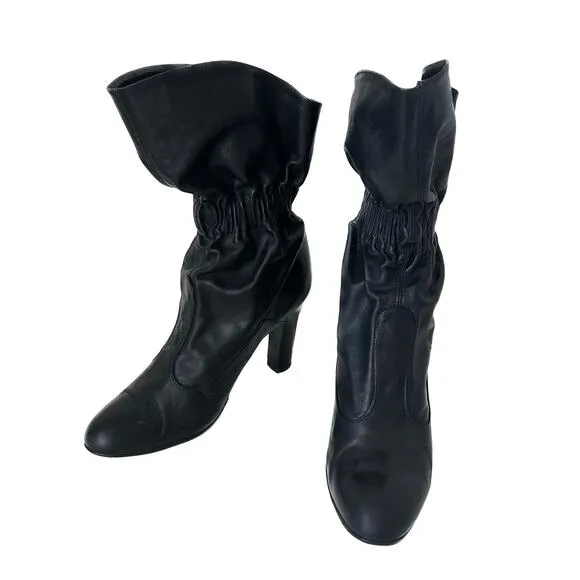 Jill Stuart Black Leather Mid-Calf Slouchy Heel Boots Elasticized Ankle IT 40