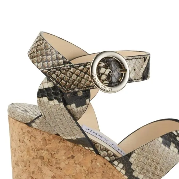 Jimmy Choo Aleili 100 Natural Snake-Embossed Leather Platform Wedge Sandals 38