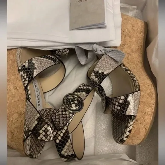 Jimmy Choo Aleili 100 Natural Snake-Embossed Leather Platform Wedge Sandals 38