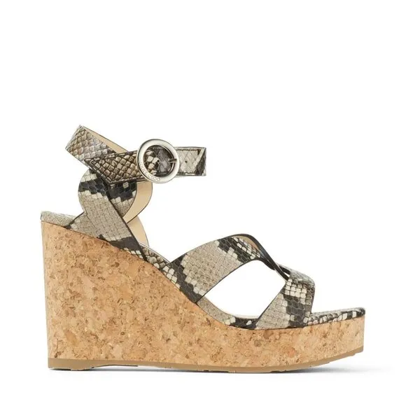Jimmy Choo Aleili 100 Natural Snake-Embossed Leather Platform Wedge Sandals 38