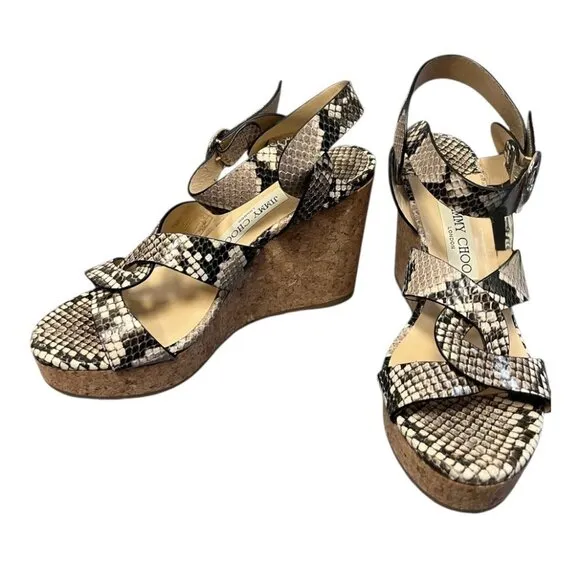Jimmy Choo Aleili 100 Natural Snake-Embossed Leather Platform Wedge Sandals 38