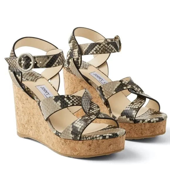 Jimmy Choo Aleili 100 Natural Snake-Embossed Leather Platform Wedge Sandals 38