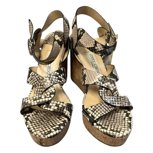 Jimmy Choo Aleili 100 Natural Snake-Embossed Leather Platform Wedge Sandals 38