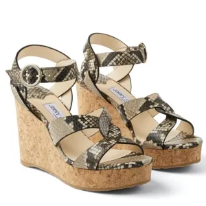 Jimmy Choo Aleili 100 Natural Snake-Embossed Leather Platform Wedge Sandals 38