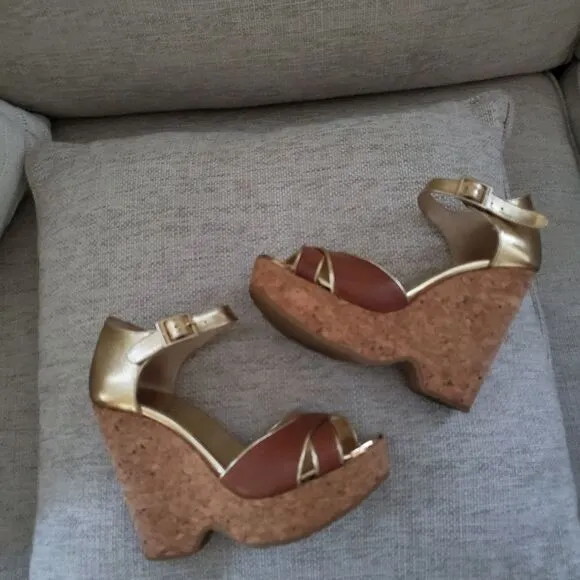 Jimmy Choo Brown/Metallic Gold Leather Pape Mirrored Cork Wedge Sandals Size 7