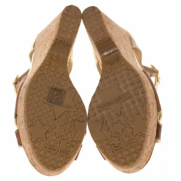 Jimmy Choo Brown/Metallic Gold Leather Pape Mirrored Cork Wedge Sandals Size 7