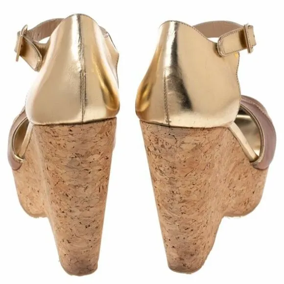 Jimmy Choo Brown/Metallic Gold Leather Pape Mirrored Cork Wedge Sandals Size 7