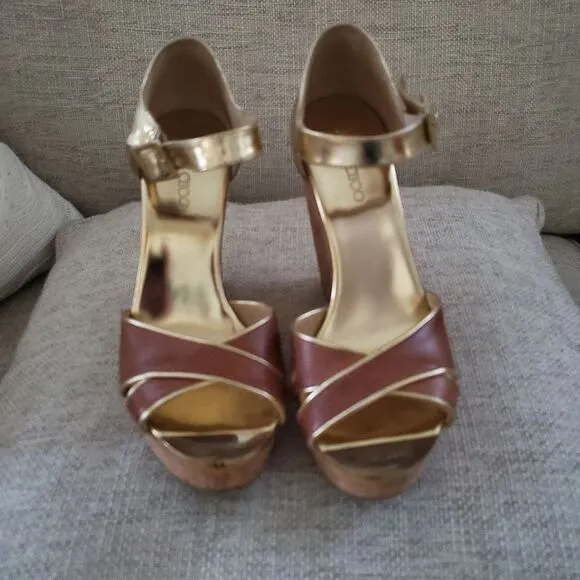 Jimmy Choo Brown/Metallic Gold Leather Pape Mirrored Cork Wedge Sandals Size 7