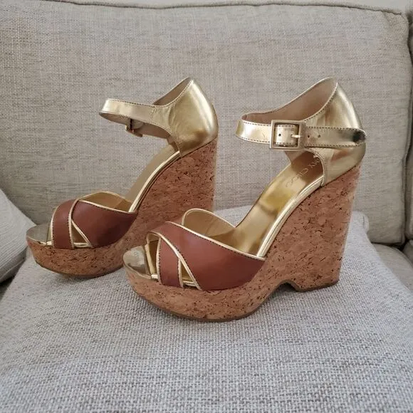 Jimmy Choo Brown/Metallic Gold Leather Pape Mirrored Cork Wedge Sandals Size 7