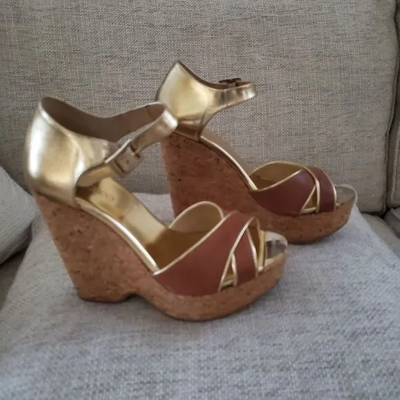 Jimmy Choo Brown/Metallic Gold Leather Pape Mirrored Cork Wedge Sandals Size 7