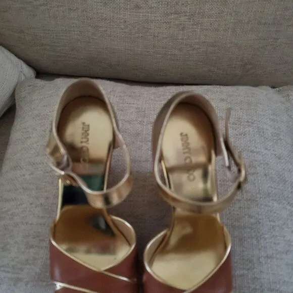 Jimmy Choo Brown/Metallic Gold Leather Pape Mirrored Cork Wedge Sandals Size 7