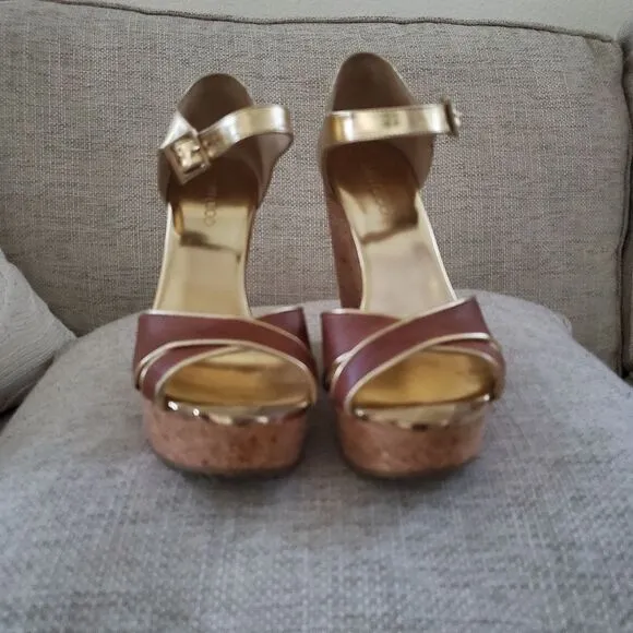 Jimmy Choo Brown/Metallic Gold Leather Pape Mirrored Cork Wedge Sandals Size 7