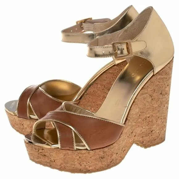 Jimmy Choo Brown/Metallic Gold Leather Pape Mirrored Cork Wedge Sandals Size 7
