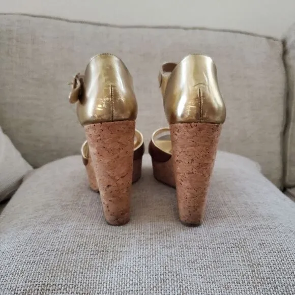 Jimmy Choo Brown/Metallic Gold Leather Pape Mirrored Cork Wedge Sandals Size 7