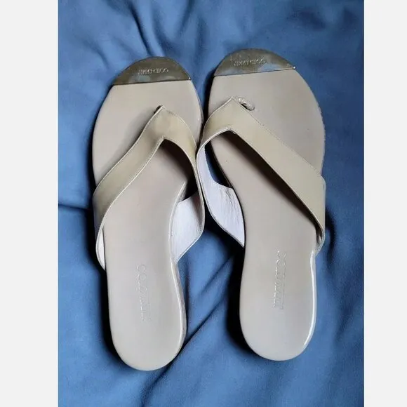 Jimmy Choo Pence Patent Leather Sandals Cork Thong Platform Tan Beige Nude Sz 9