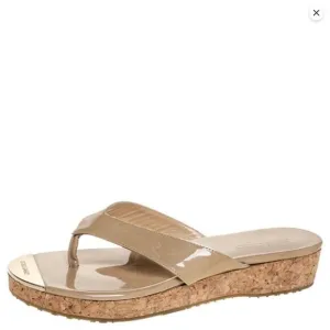 Jimmy Choo Pence Patent Leather Sandals Cork Thong Platform Tan Beige Nude Sz 9