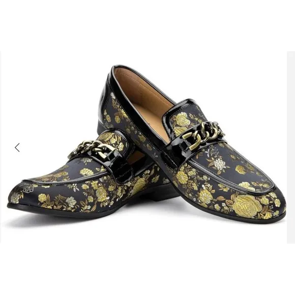 Jitai Gold Flower Print  Men's Italian Loafers Dress Shoes Size 10