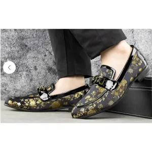 Jitai Gold Flower Print  Men's Italian Loafers Dress Shoes Size 10