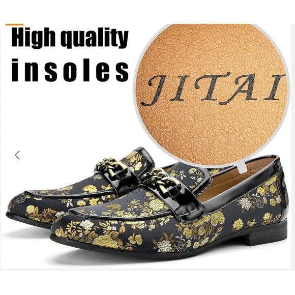 Jitai Gold Flower Print  Men's Italian Loafers Dress Shoes Size 10