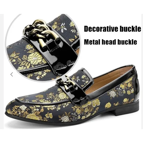 Jitai Gold Flower Print  Men's Italian Loafers Dress Shoes Size 10