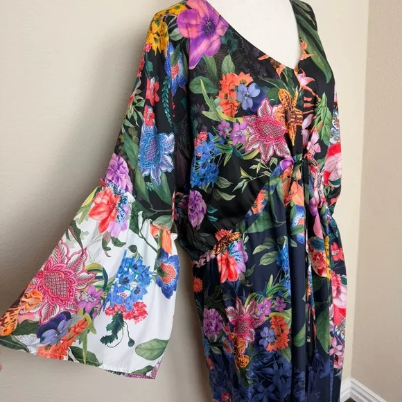 Johnny Was Neon Jungle Mix Tiered Floral Maxi Dress Cotton Silk Size Large NWT