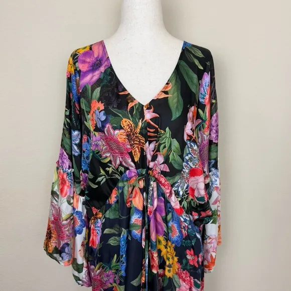 Johnny Was Neon Jungle Mix Tiered Floral Maxi Dress Cotton Silk Size Large NWT