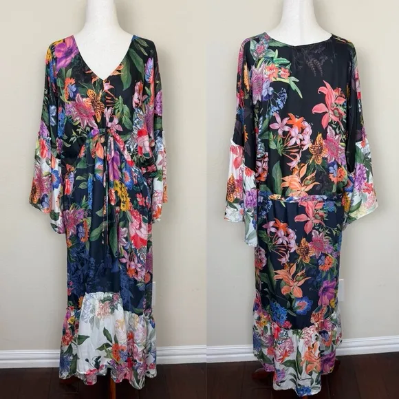 Johnny Was Neon Jungle Mix Tiered Floral Maxi Dress Cotton Silk Size Large NWT