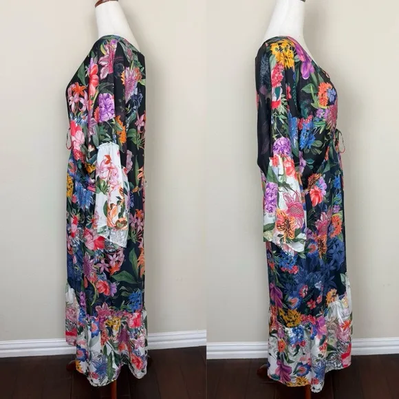 Johnny Was Neon Jungle Mix Tiered Floral Maxi Dress Cotton Silk Size Large NWT