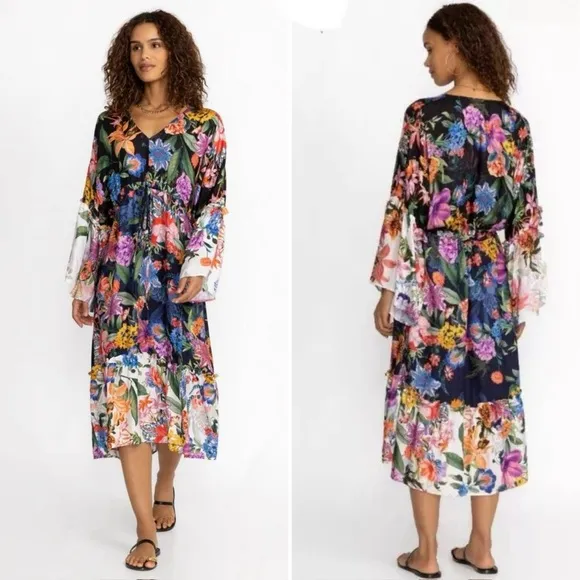 Johnny Was Neon Jungle Mix Tiered Floral Maxi Dress Cotton Silk Size Large NWT