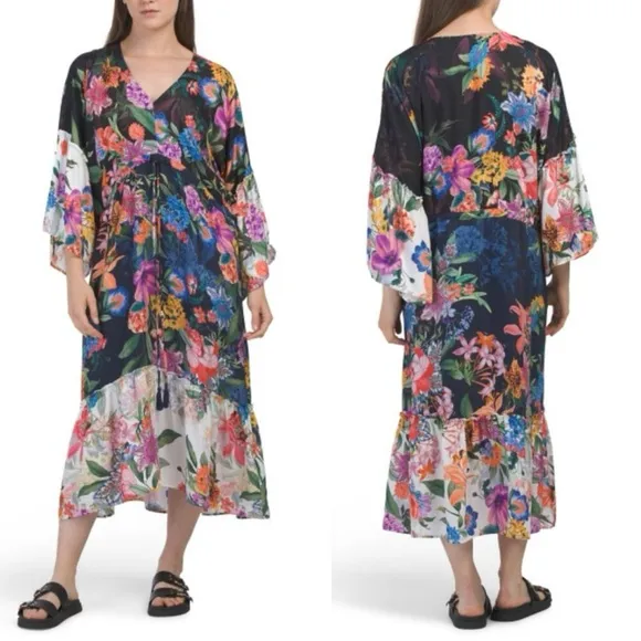 Johnny Was Neon Jungle Mix Tiered Floral Maxi Dress Cotton Silk Size Large NWT