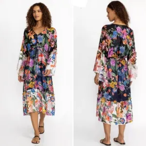Johnny Was Neon Jungle Mix Tiered Floral Maxi Dress Cotton Silk Size Large NWT