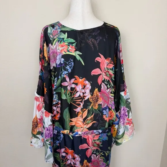 Johnny Was Neon Jungle Mix Tiered Floral Maxi Dress Cotton Silk Size Large NWT