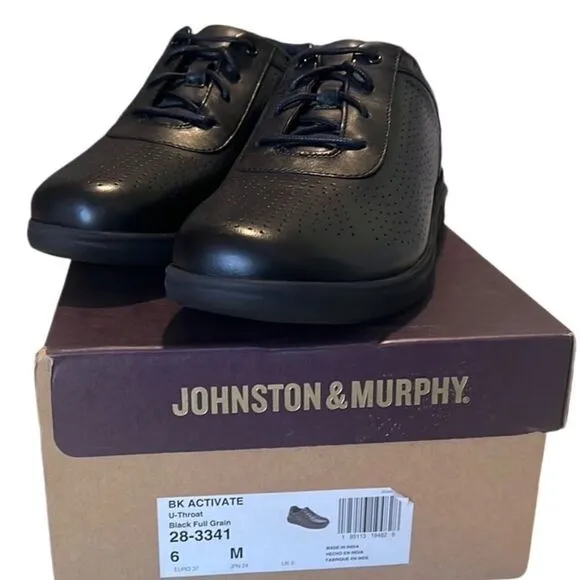 Johnston &amp; Murphy Activate Black Leather Lace Up U Throat Shoes Boys Size 6 NIB