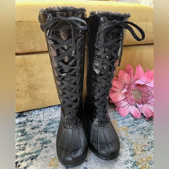 Joie Demelza Tall Patent Leather Faux Fur Waterproof Duck Boots 8