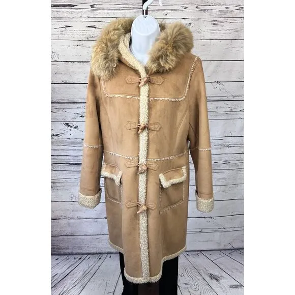 Jones New York Coat Women's Medium Shearling Lined Faux Suede Hooded Jacket