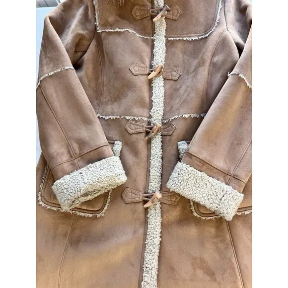 Jones New York Coat Women's Medium Shearling Lined Faux Suede Hooded Jacket