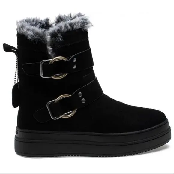 J/SLIDES NYC NELLY WATER RESISTANT FAUX FUR BLACK SUEDE WINTER BOOTS🆕