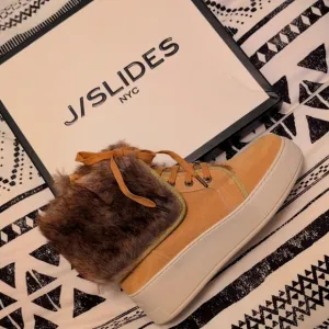 J/SLIDES NYC TORRIE Suede‎ Leather Faux Fur Lined Lace Boots Womens Size 8