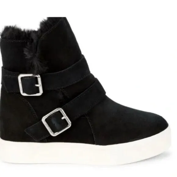 J/SLIDES Women’s Black Faux Fur Lined Winter Ankle Buckle Boots