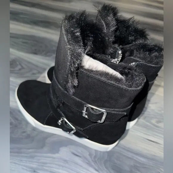 J/SLIDES Women’s Black Faux Fur Lined Winter Ankle Buckle Boots