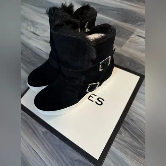 J/SLIDES Women’s Black Faux Fur Lined Winter Ankle Buckle Boots