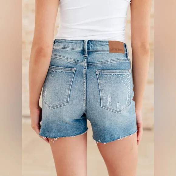 Judy Blue Shorts High Waist Rhinestone Cut off Raw Hem Light Wash Western NEW