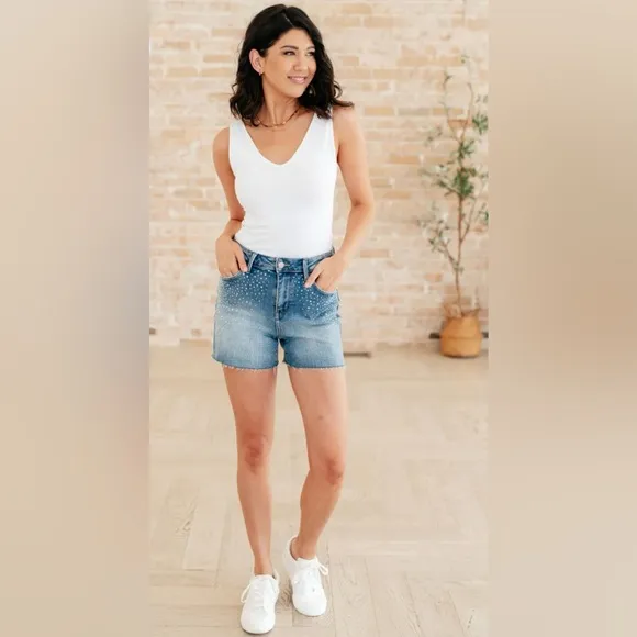 Judy Blue Shorts High Waist Rhinestone Cut off Raw Hem Light Wash Western NEW