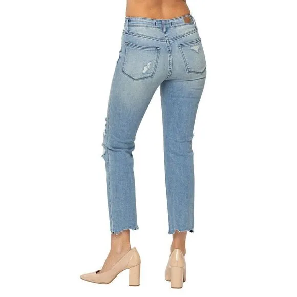 Judy Blue Women's Mid-Rise Destroyed Tinted Wash Cropped Straight-Leg Jeans 16