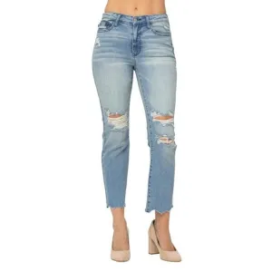 Judy Blue Women's Mid-Rise Destroyed Tinted Wash Cropped Straight-Leg Jeans 16